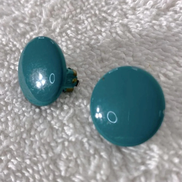 Vintage Teal Painted  Metal Circle Clip On Earrings - Picture 5 of 7